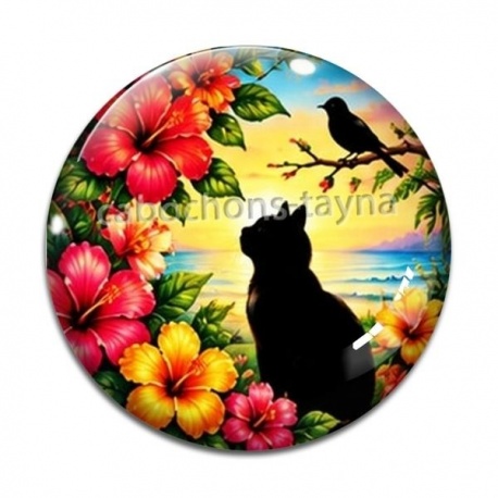 Cabochon Verre - chat noir fleur