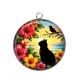 Pendentif Cabochon Argent - chat noir fleur