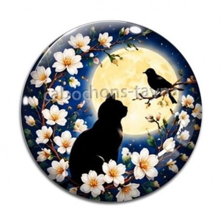 Cabochon Verre - chat noir fleur de cerisier