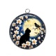 Pendentif Cabochon Argent - chat noir fleur de cerisier