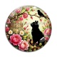 Cabochon Verre - chat noir fleur rose