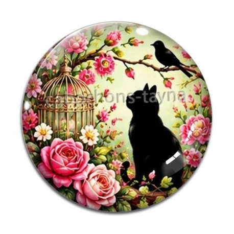 Cabochon Verre - chat noir fleur rose
