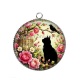 Pendentif Cabochon Argent - chat noir fleur rose