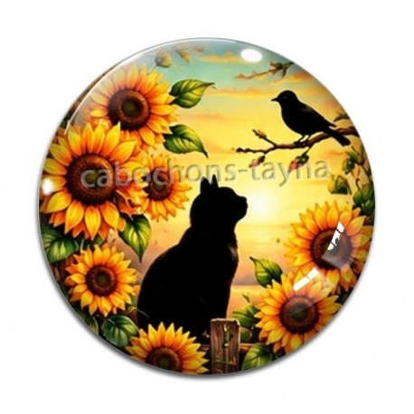 Cabochon Verre - chat noir fleur tournesol