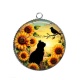 Pendentif Cabochon Argent - chat noir fleur tournesol