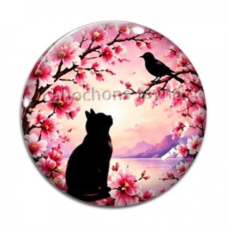 Cabochon Verre - chat noir fleur de cerisier