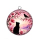 Pendentif Cabochon Argent - chat noir fleur de cerisier