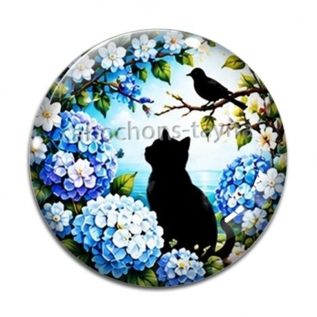 Cabochon Verre - chat noir fleur 