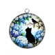 Pendentif Cabochon Argent - chat noir fleur 