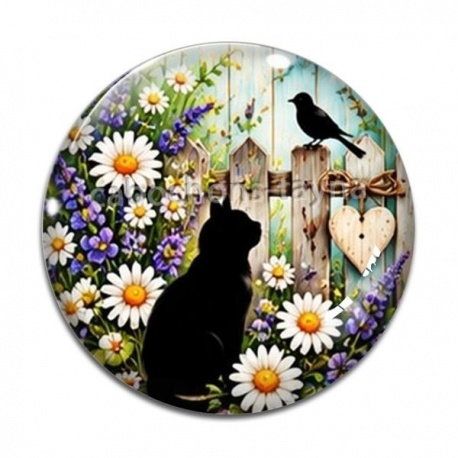 Cabochon Verre - chat noir fleur sauvage