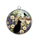Pendentif Cabochon Argent - chat noir fleur sauvage