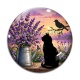 Cabochon Verre - chat noir fleur lavande