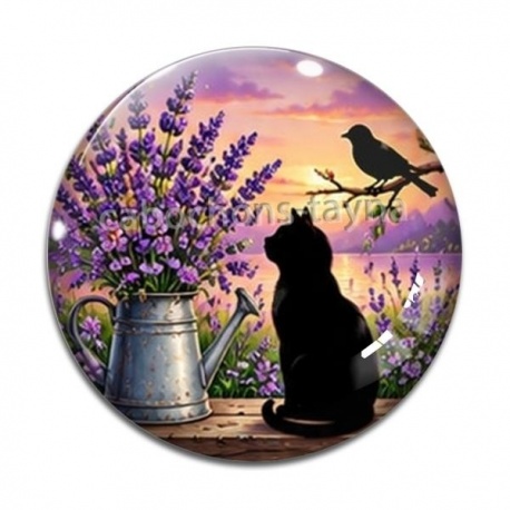 Cabochon Verre - chat noir fleur lavande