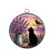 Pendentif Cabochon Argent - chat noir fleur lavande