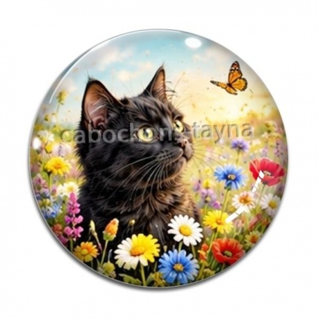Cabochon Verre - chat fleur