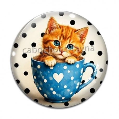 Cabochon Verre - chaton tasse fond pois