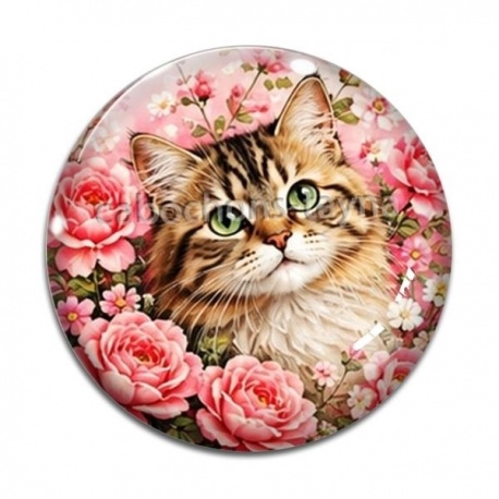 Cabochon Verre - chat fleur rose