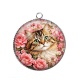Pendentif Cabochon Argent - chat fleur rose