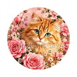 chat roux fleurs roses- Cabochon verre ou résine, porte-clés, magnet, miroir