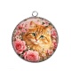 Pendentif Cabochon Argent - chat roux fleurs roses