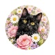 chat noir fleur - Cabochon verre ou résine, porte-clés, magnet, miroir
