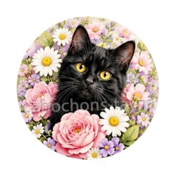 chat noir fleur - Cabochon verre ou résine, porte-clés, magnet, miroir