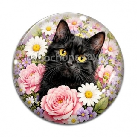 Cabochon Verre - chat noir fleur