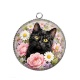 Pendentif Cabochon Argent - chat noir fleur