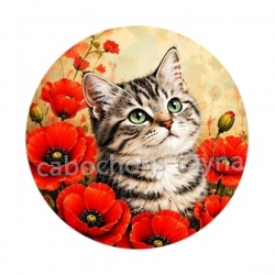 chat gris fleur coquelicot- Cabochon verre ou résine, porte-clés, magnet, miroir