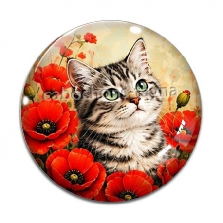 Cabochon Verre - chat gris coquelicot