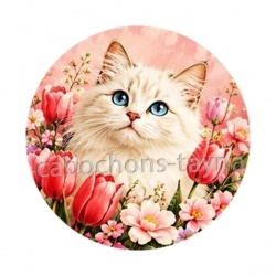 chat blanc avec fleur tulipe- verre ou résine, porte-clés, magnet, miroir