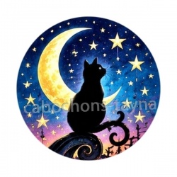 chat noir lune et étoile- Cabochon verre ou résine, porte-clés, magnet, miroir