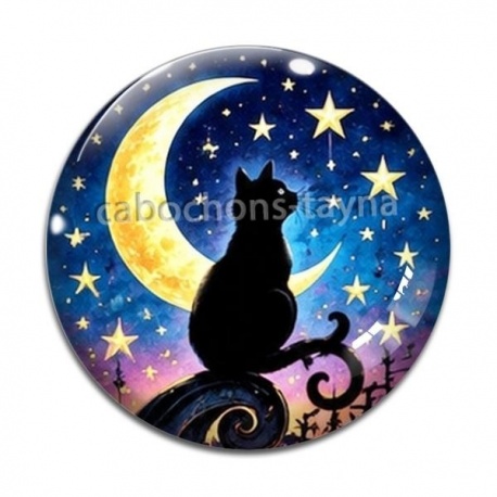 Cabochon Verre - chat noir lune et étoile
