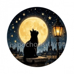 chat noir lune et étoile- Cabochon verre ou résine, porte-clés, magnet, miroir