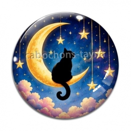 Cabochon Verre - chat noir lune et étoile