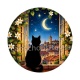 chat noir lune et fenêtre- Cabochon verre ou résine, porte-clés, magnet, miroir