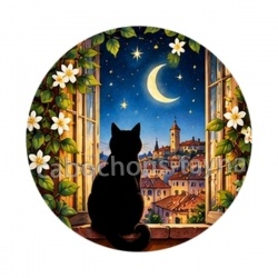 chat noir lune et fenêtre- Cabochon verre ou résine, porte-clés, magnet, miroir