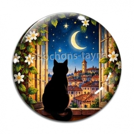 Cabochon Verre - chat noir lune et étoile