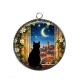 Pendentif Cabochon Argent - chat noir lune et étoile