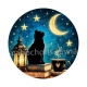 chat noir lune et étoile- Cabochon verre ou résine, porte-clés, magnet, miroir