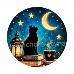 chat noir lune et étoile- Cabochon verre ou résine, porte-clés, magnet, miroir