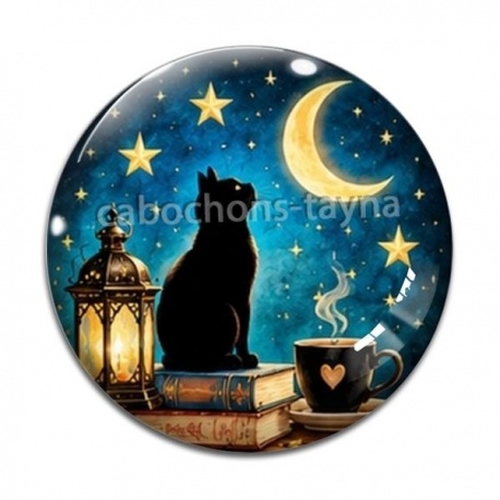 Cabochon Verre - chat noir lune et étoile