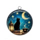 Pendentif Cabochon Argent - chat noir lune et étoile