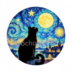 chat noir lune et étoile- Cabochon verre ou résine, porte-clés, magnet, miroir