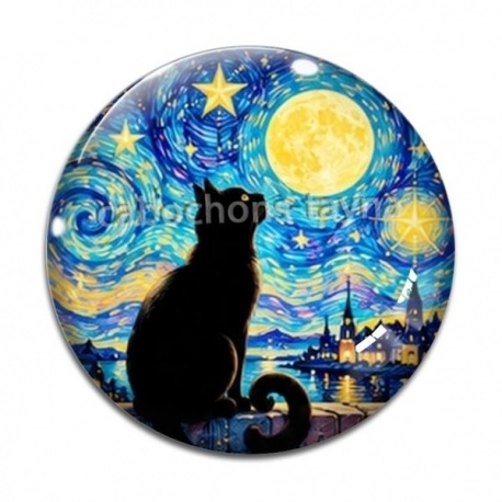 Cabochon Verre - chat noir lune et étoile