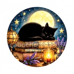 Chat noir lune et étoile- Cabochon verre ou résine, porte-clés, magnet, miroir