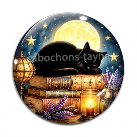 Cabochon Verre - chat noir lune et étoile