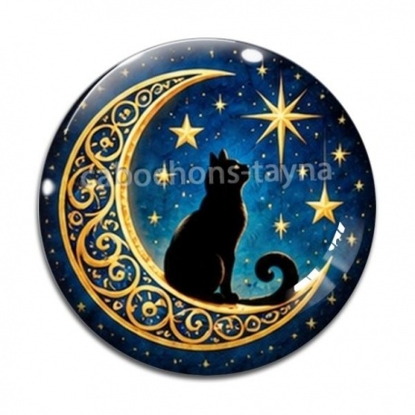 Cabochon Verre - chat noir lune et étoile