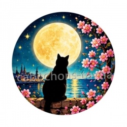 chat noir lune et étoile- Cabochon verre ou résine, porte-clés, magnet, miroir