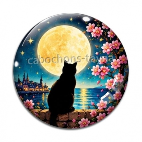 Cabochon Verre - chat noir lune et étoile